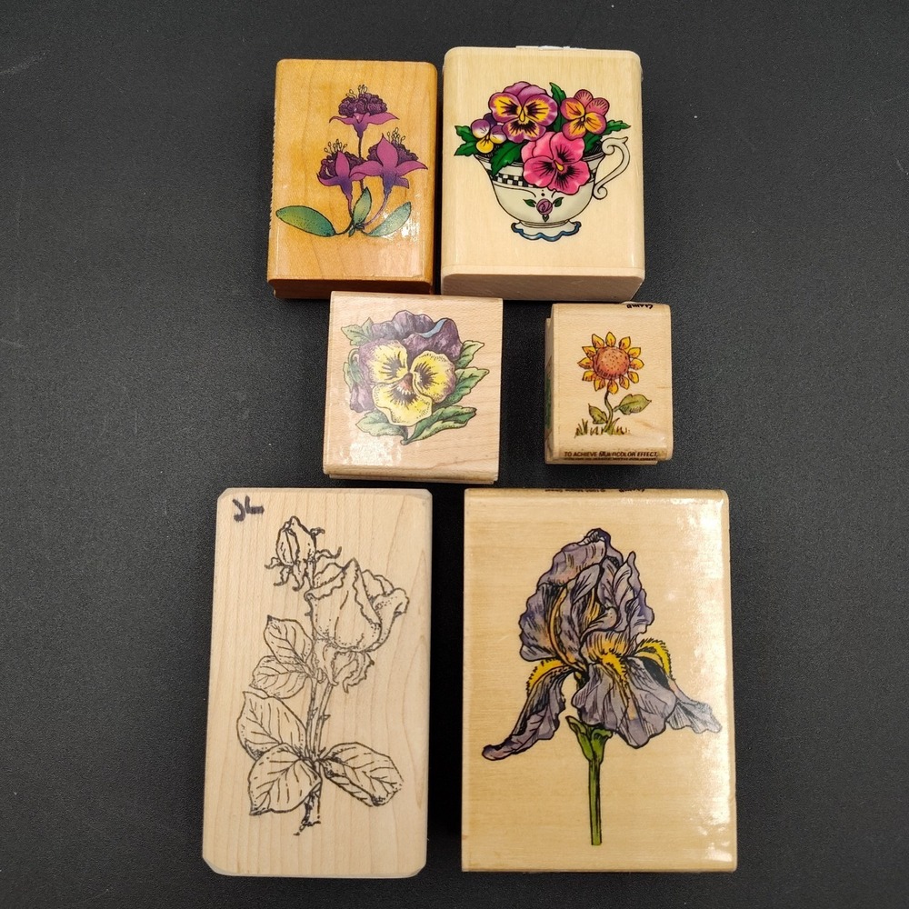 Set-6 Rubber Stamps Flowers Pansy Blossom Iris Roses Sunflower Fuschia Other👀‎